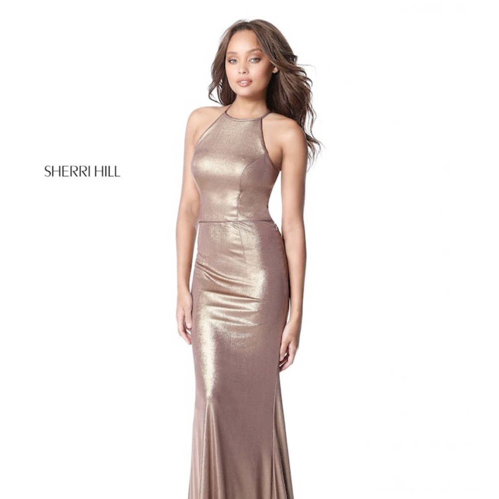 Sherri Hill Metallic Bronze Maxi Dress